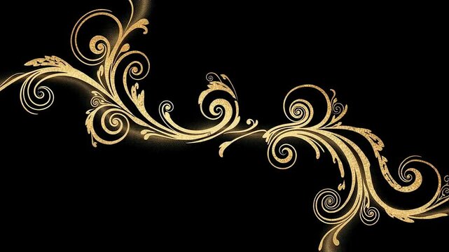 Golden glittering flourish swirl pattern on dark background. Elegant royal luxury design element for greeting card invitation footage.