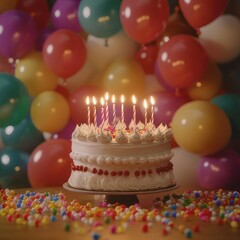 Festive background, cake and balloons. Ai generative.