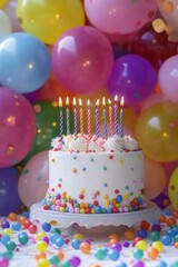 Festive background, cake and balloons. Ai generative.