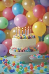Festive background, cake and balloons. Ai generative.