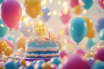 Festive background, cake and balloons. Ai generative.