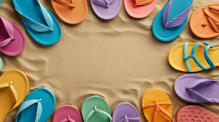 Colorful flip flops arranged circle sandy beach with empty space center vibrant summer footwear for beach or poolside