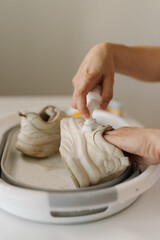 Vertical shot of cleaning white sneaker with foam cleaner, scrubbing detailed surface in basin,...