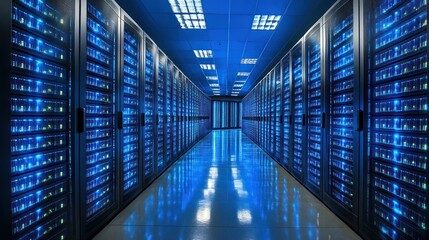 Obraz premium Server room, rows of metal cabinets, blue light