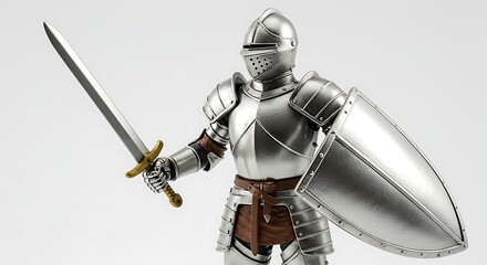 Fototapeta premium A detailed action figure of a medieval knight in full silver plate armor stands ready for battle, holding a broadsword and a large shield. 
