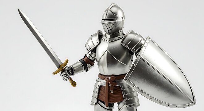A detailed action figure of a medieval knight in full silver plate armor stands ready for battle, holding a broadsword and a large shield. 