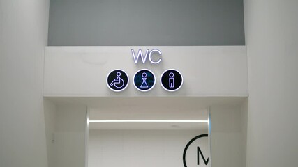 Signs for men, women and disabled toilets at the entrance to public toilets. Relieving yourself in designated areas in public places.