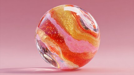 Fototapeta premium A vibrant glass sphere displays intricate swirling patterns of pink, orange, and gold colors. The glitter adds an eye-catching sparkle, enhancing its delicate beauty.