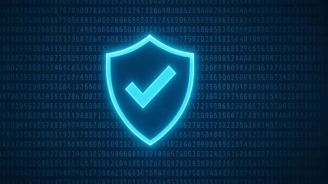 A modern digital shield icon glowing in neon blue, symbolizing security and protection in cyberspace, set against a background of binary code. Perfect for tech-related visuals.