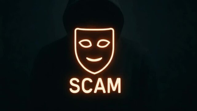 A haunting image depicting the concept of scams, featuring a masked figure with the word 'SCAM' illuminated, symbolizing deception and the dark side of financial fraud.