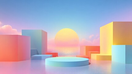 Fototapeta premium Soft pastel geometric shapes are positioned near a tranquil body of water, creating a mesmerizing reflection of a colorful sunset, enhancing the peaceful atmosphere.