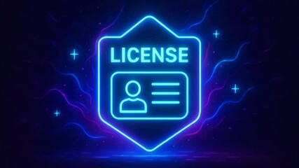 A vibrant neon illustration of a license badge, featuring a user icon and personal details. Ideal for designs related to identity, security, or digital services. - Powered by Adobe