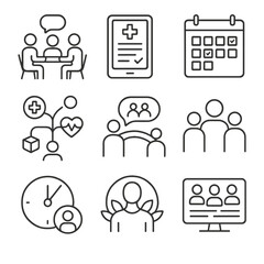 Care Coordination Icons. Line style icons of care coordination: care team meeting, digital care plan, shared calendar, service
