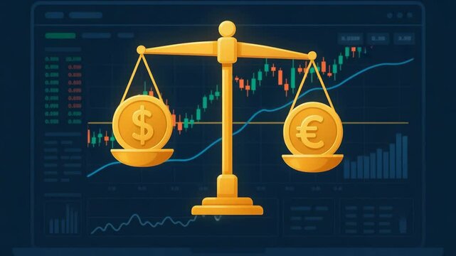 A digital illustration of a scale balancing dollar and euro symbols against a stock market background, symbolizing currency comparison, trade analysis, and financial equilibrium.