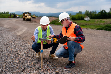 Engineers are discussing and working on a section of highway.