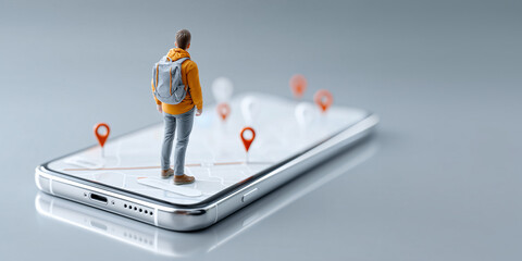 A person standing on a smartphone, navigating the map using location pointers