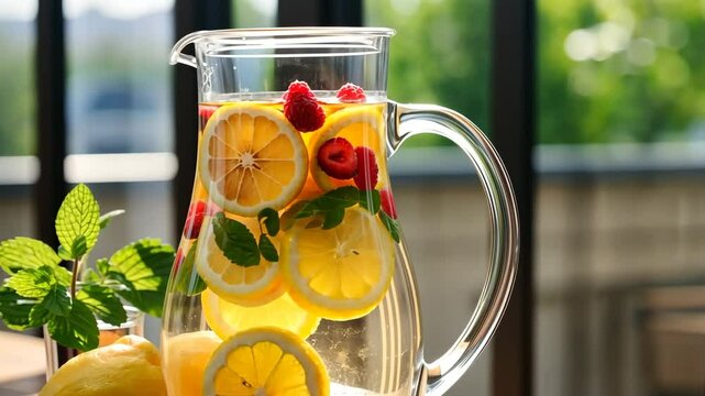 Refreshing summer lemonade with raspberry, lemon, and mint in a glass pitcher