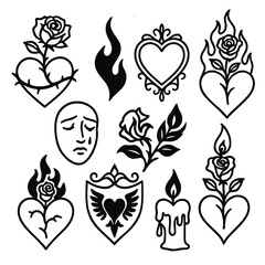 Gothic Romance Icons. Line style icons of gothic romance symbols: thorny rose over heart, black flame curl, antique heart frame,