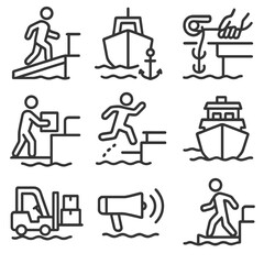 Boat Docking Icons. Line style icons of boat interaction at dock: boarding ramp icon, anchor drop symbol, rope release action,