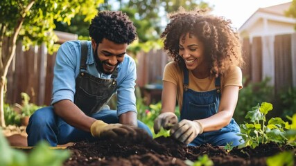 Happy couple tending a garden planting seedlings Smiling together Bright sunlight filters through green leaves New life blooming in the backyard Enjoying nature together - Powered by Adobe