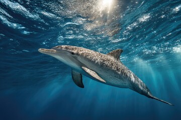 Fototapeta premium Underwater Profile of Dolphin Swimming Calmly in Sunlit Ocean 