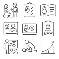 Parenting Education Icons. Line style icons of parenting education and prep: prenatal class icon, baby care checklist, parenting