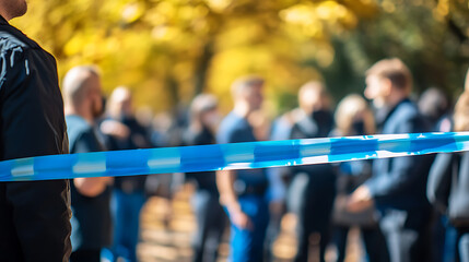 Event Barrier: A blue barrier tape cordons off an area, with a crowd of people gathered in the background, under trees with yellow leaves suggesting an autumn setting.