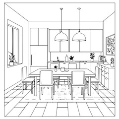 Modern kitchen and dining room design Image. This modern kitchen and dining room features sleek cabinets, a large dining table with chairs, and pendant lighting.