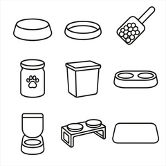 Pet Feeding Icons. Line style icons of basic pet feeding items: pet food bowl, water dish, kibble scoop, treat jar, food storage