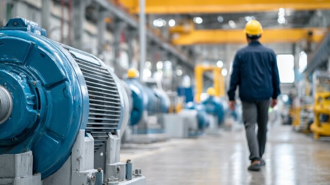 electric motor in an industrial manufacturing plant with reliability engineer wearing hard hat and safety glasses walking by 
