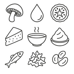 Umami Flavor Icons. Line style icons of umami flavor elements: shiitake mushroom, soy sauce drop, dried tomato, parmesan cheese
