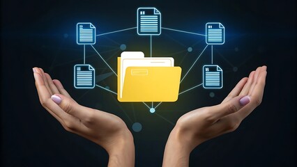 Conceptual image representing a digital data management system, network, or cloud computing service, with holographic documents and a folder displayed above a hand. document
