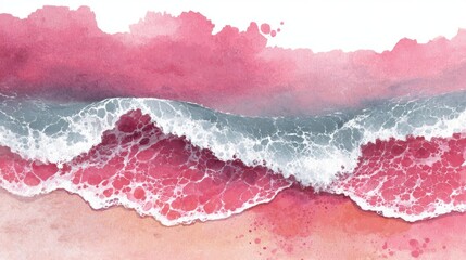 Fototapeta premium Vibrant ocean waves roll towards the sandy shore during sunset, showcasing beautiful hues of pink, gray, and white as they create foamy crests. The scene captures the serenity of nature.