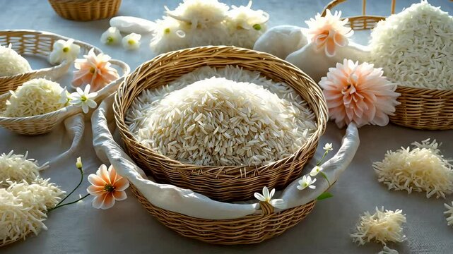 Baskets of white rice surrounded by decorative flowers on wooden table with warm lighting
