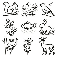Fototapeta premium Park Wildlife Icons. Line style icons of park wildlife: squirrel on branch, ducks near pond, singing bird, butterfly above flower,