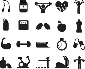 Set of black fitness icons vector illustration with health symbols and silhouette signs