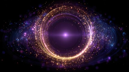 Fototapeta premium A mystical cosmic vortex shines with vibrant colors and sparkling particles against a pitch-black background, evoking the beauty of deep space and celestial phenomena.