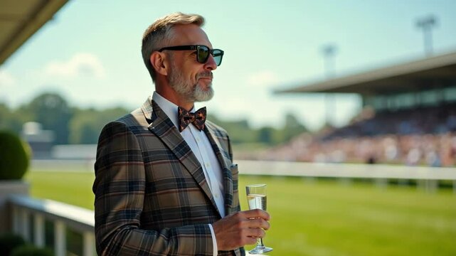 elegant man at the racetrack, in a suit, he is watching the races, the concept of aristocratic entertainment, elite and charity events, high society