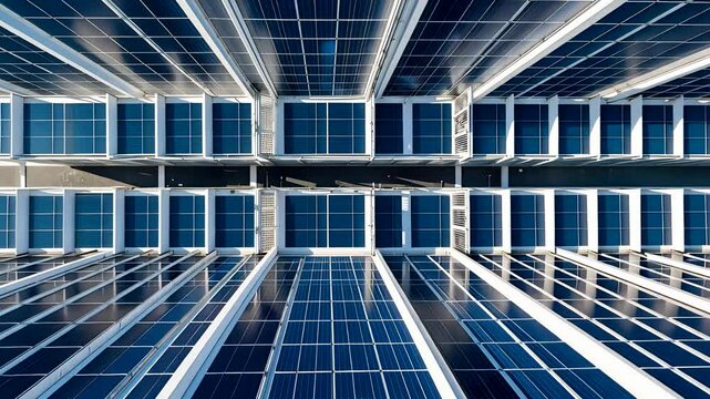 Rows of solar panels mounted on a large rooftop reflecting sunlight with blue sky background