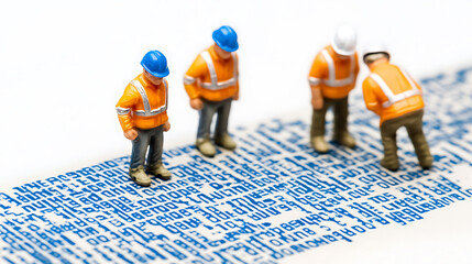 Miniature construction workers analyze complex digital data. A playful metaphor for the intricate world of software development and data analysis. Teamwork in action.