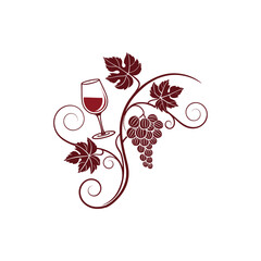 Elegant maroon wine glass with grapes and vine leaves illustration