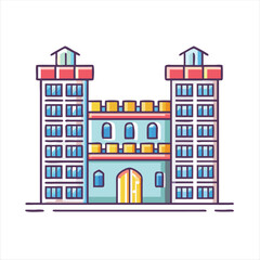 Whimsical Cartoon Building Illustration with Detailed Windows and Architectural Elements