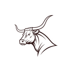 Texas Longhorn Bull Head Profile, Line Art Illustration, Brown, White Background
