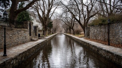 Fototapeta premium Canal scene with stone walls and trees