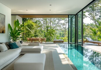 Modern tropical home with pool and garden views