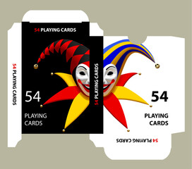 Playing cards tuck box template with colorful 3D Joker head on black and white background. Vector illustration