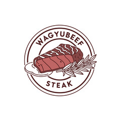 Wagyu beef steak illustration, circular logo design, red and brown