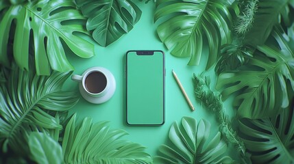 Smartphone surrounded by lush green tropical leaves, a cup of coffee, and a pencil on a mint-green surface