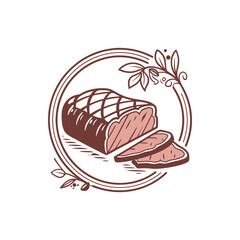 Roasted meat sliced illustration, brown color palette,  circular frame,  floral design, food logo concept