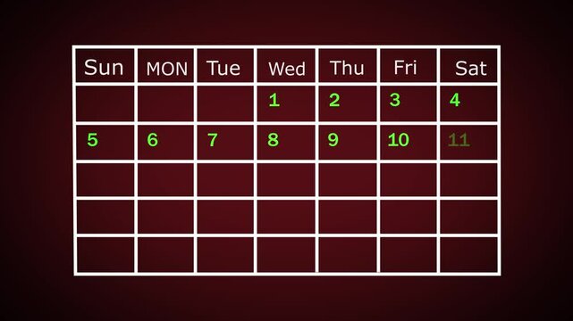 4k video animation. The calendar 29th day of the month is red circled ,Calendar interface with highlighted dates and event icons, looped animation.